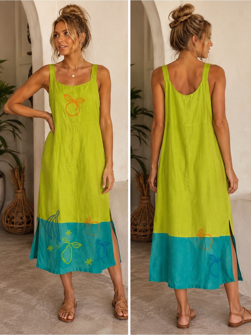 Studio Ease 100% Linen Vintage Lime Green & Teal Fruit Embroidered Midi Dress